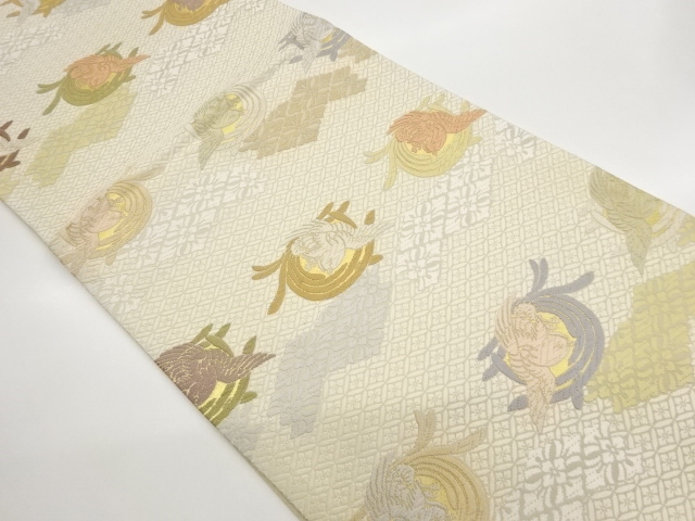 JAPANESE KIMONO / FUKURO OBI / WOVEN BIRD & RHOMBUS FLOWER